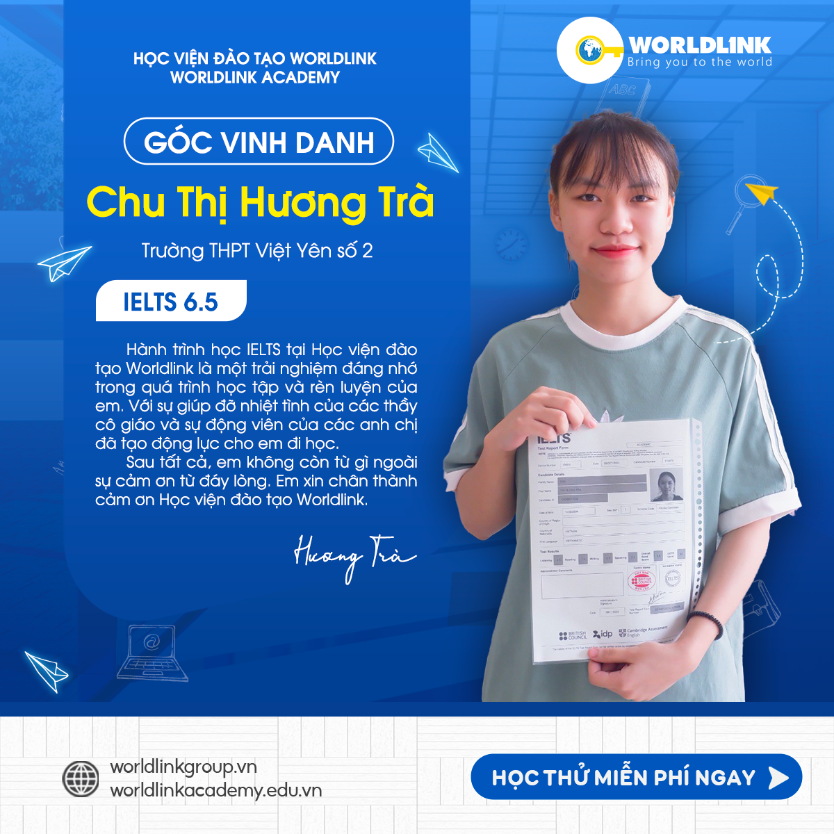 Học viên Chu Thị Hương Trà - IELTS 6.5 Overall